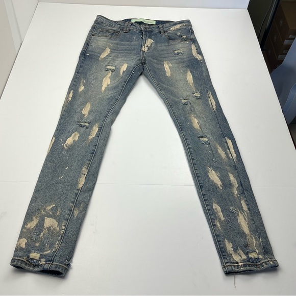 Off-White Distressed Paint Splattered Diagonal Stripe Blue Denim Jeans Mens 30 - Picture 2 of 15